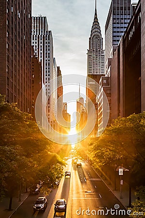 Sunset light shining on the buildings and cars on 42nd Street in Midtown New York City around the time of the Manhattanhenge Stock Photo
