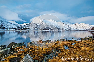 Sunset lights in a fjord near tromso Stock Photo