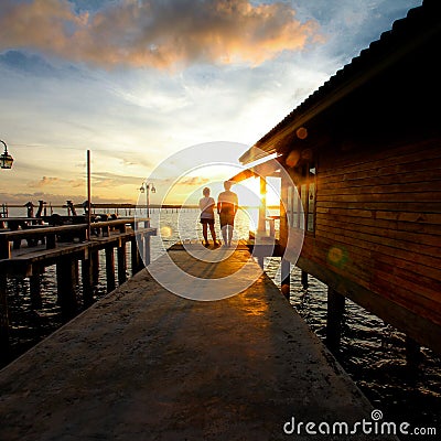 Sunset and lovey couple Stock Photo