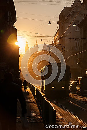 Sunset in Lviv. Doroshenko Street. Historical city center Stock Photo