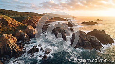 Sunset Majesty: Aerial Exploration of a Rocky and Rugged Coastline Stock Photo