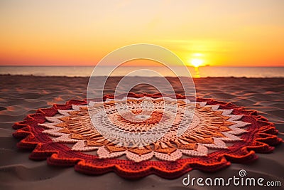 Sunset meditation place, mandala-shaped mat Stock Photo