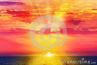 Sunset of Mediterranean. Beautiful colorful seascape with calm water surface. Red sundown Stock Photo