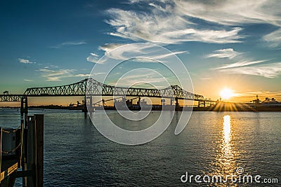 Sunset at the Mississippi River levee in downtown Baton Rouge Stock Photo