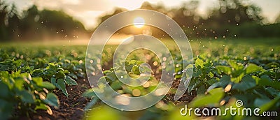 Concept Sunset, Mist, Soybeans, Nature, Photography Sunset Mist Over Sprouting Soybeans Stock Photo