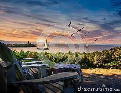 Sunset montage with sailboats flock of birds before the Saint Lawrence Seaway Stock Photo