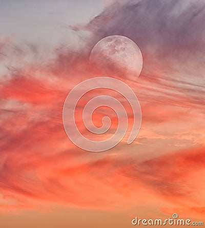 Sunset Moon Clouds Ethereal Surreal Abstract Sky Vertical Stock Photo