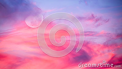 Sunset Moon Full Colorful Sky Clouds Ethereal Surreal Sunrise Cloudscape Wallpaper 16.9 High Resolution Stock Photo