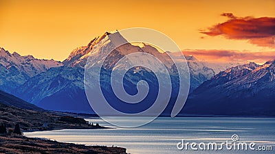 Sunset of Mount Cook and Lake Pukaki Stock Photo