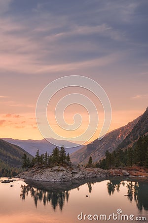 Sunset Mountain Lake With Pink Calm Waters, Altai Mountains Highland Nature Autumn Landscape Photo Stock Photo