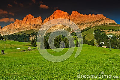 Sunset mountain panorama in Italy Dolomites,Rosengarten group Stock Photo