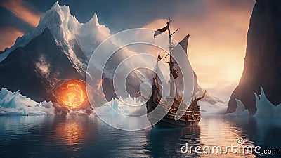 sunset in the mountains A fantasy boat sailing near a glacier of fire, Stock Photo