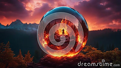 sunset in the mountains highly intricately photograph of Fire lord rising from magma inside a crystal ball, Stock Photo