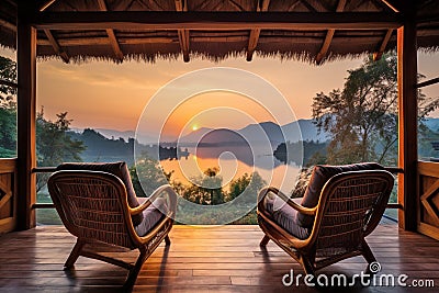 sunset mountains lake wooden patio with two armchairs, relax in outdoor and nature concept Stock Photo