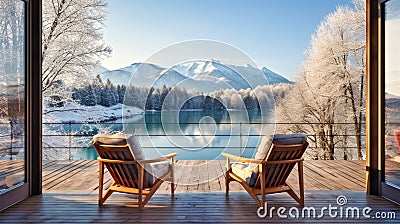 sunset mountains lake wooden patio with two armchairs, relax in outdoor and winter nature Stock Photo