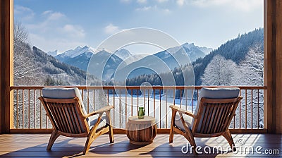 sunset mountains lake wooden patio with two armchairs, relax in outdoor and winter nature Stock Photo