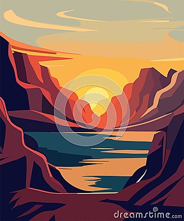 Sunset in Mountains landscape abstract vector art. Vector Illustration