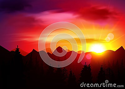 Sunset Mountains Landscape. Vector Illustration