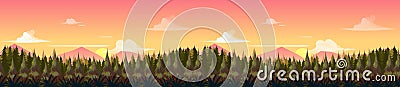 Sunset Mountains Landscape. Vector Panorama. The mountains in the background and forest in the foreground Vector Illustration