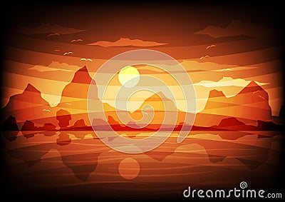 Sunset mountains nature forests valleys rivers Vector Illustration Stock Photo