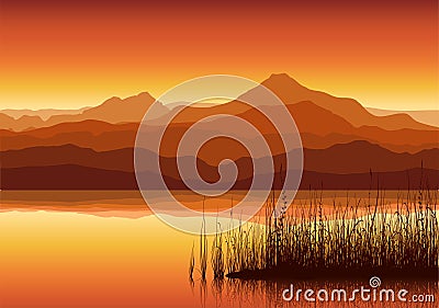 Sunset in mountains near lake Vector Illustration