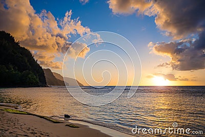 Sunset of the Na Pali coast from Kee Beach on north of Kauai, H Stock Photo