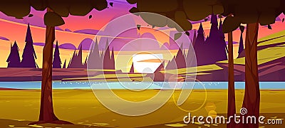 Sunset nature landscape, cartoon summer background Vector Illustration