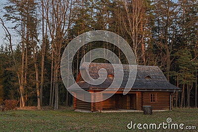 Sunset near Trhove Sviny town in south Bohemia with wooden cottage Stock Photo