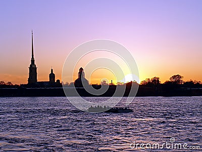 Sunset on neva river Stock Photo