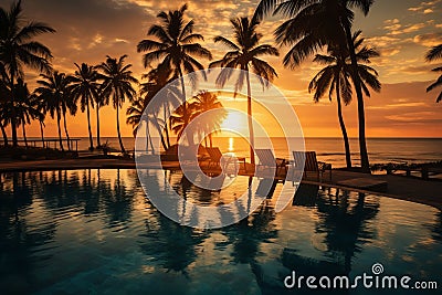 Sunset oasis infinity pool surrounded by palms, chairs, and beach, perfect for carefree vacation Stock Photo