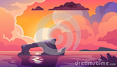 Sunset ocean. Cartoon landscape in evening or morning. Cloudy sky and beach with cliff. Color gradient and reflection in Vector Illustration
