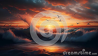 Sunset Ocean Scene, Made with Generative AI Stock Photo