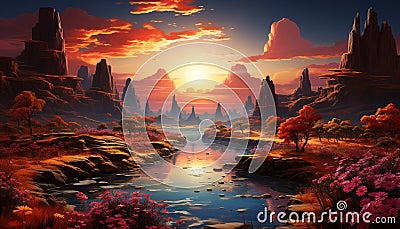 Sunset over ancient ruins, a mystical landscape painted by nature generated by AI Stock Photo