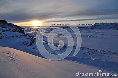 Sunset over Arctic landscape, Greenland Stock Photo