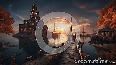 Sunset over the the bay, with a crescent moon rising over a spooky lone house on a rock-island ai created Stock Photo
