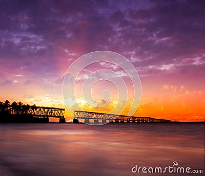 Sunset over bridge in Florida keys, Bahia Honda st Stock Photo