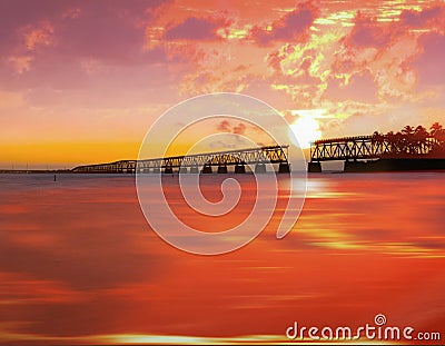 Sunset over bridge in Florida keys, Bahia Honda st Stock Photo