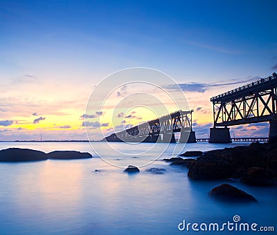 Sunset over bridge in Florida keys, Bahia Honda st Stock Photo