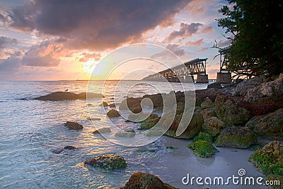 Sunset over bridge in Florida keys, Bahia Honda st Stock Photo