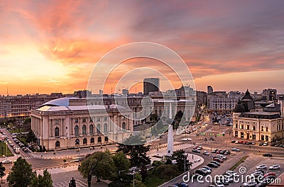 Sunset over Bucharest city centre in summer time aerial view over royal palace , Romania Stock Photo