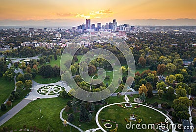 Sunset over Denver cityscape, aerial view from the park Stock Photo