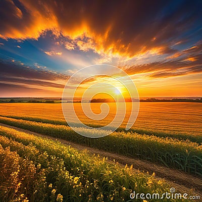 Sunset over the field Captivating majestic landscape with stunning light and rolling colorful Cartoon Illustration