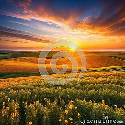 Sunset over the field Captivating majestic landscape with stunning light and rolling colorful Cartoon Illustration