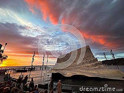 Sunset over floating lake stage Bregenz on Lake Constance - Bodensee - Bregenz Festival opera 