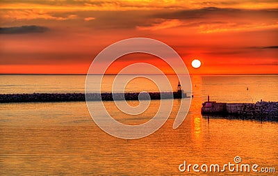 Sunset over the Harbour of Hirtshals Stock Photo
