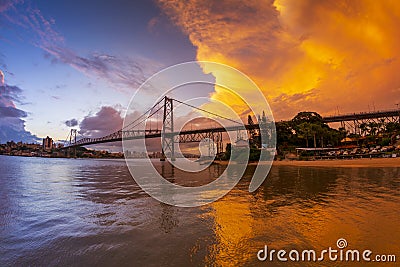 Sunset Over Hercilio Luz Bridge in Florianopolis, Santa Catarina - Brazil Stock Photo