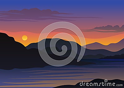 Sunset over the hills and the river. Vector illustration on white background. Vector Illustration