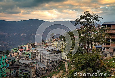 Sunset over himalayan city Gangtok, Sikkim, India. Stock Photo
