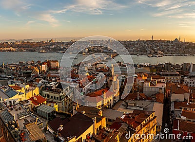 Sunset over the Istanbul landscape. Galata Bridge. Stock Photo