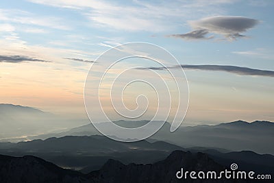 Sunset over the Julian Alps in Slovenia. Stock Photo
